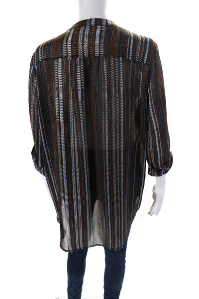JOH Womens Long Sleeve Striped V Neck Top Blouse Brown Gray Size Small