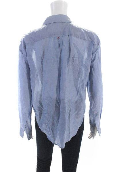 Elizabeth and James Womens Striped Print Collared Buttoned Top Blue Size S