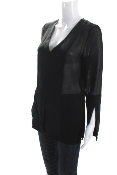 Bailey 44 Womens Sheer Chiffon Long Sleeve V Neck Tunic Blouse Black Size Small