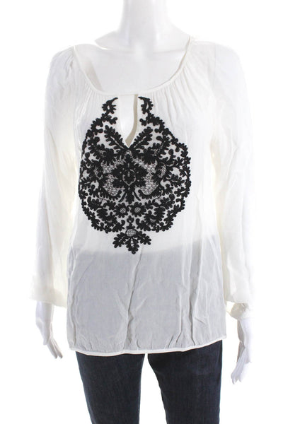 Yoana Baraschi Womens Embroidered Long Sleeve Keyhole Top Blouse White Medium