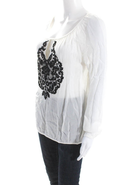 Yoana Baraschi Womens Embroidered Long Sleeve Keyhole Top Blouse White Medium