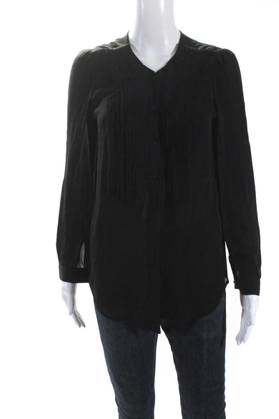 Joie Womens Long Sleeve Raw Hem Pintuck Button Up Top Blouse Black Silk Small