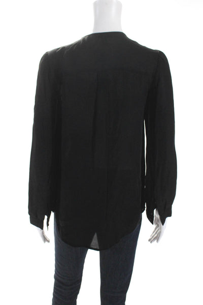 Joie Womens Long Sleeve Raw Hem Pintuck Button Up Top Blouse Black Silk Small