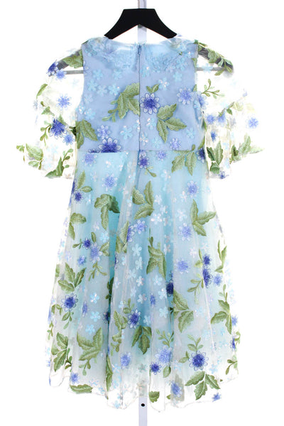 Junona Girls Sequin Floral Tulle Bell Sleeve A Line Dress Blue Green Size 10-11