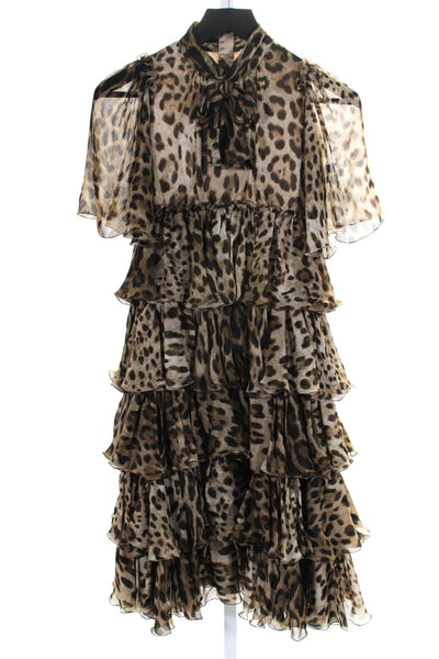 Dolce & Gabbana Childrens Girls Leopard Print Chiffon A Line Dress Brown 9/10