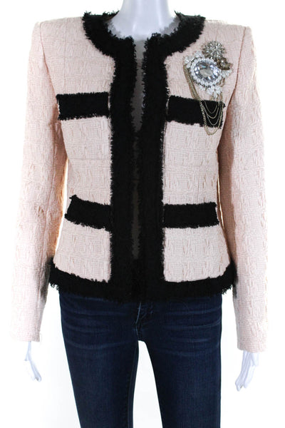 Balmain Womens Woven Tweed Embellished Hook & Eye Jacket Black Pink Size FR 40