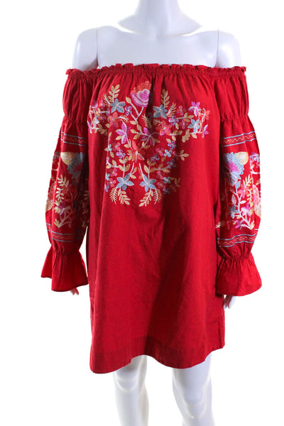 Free People Womens 3/4 Sleeve Off Shoulder Floral Embroidered Dress Red Medium