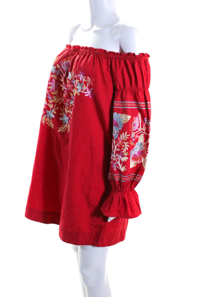 Free People Womens 3/4 Sleeve Off Shoulder Floral Embroidered Dress Red Medium