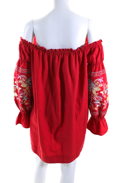 Free People Womens 3/4 Sleeve Off Shoulder Floral Embroidered Dress Red Medium