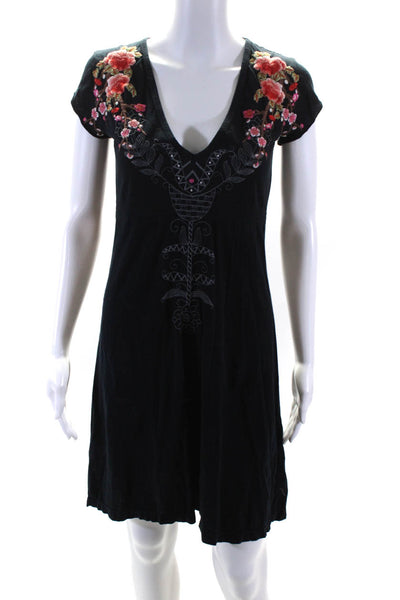 JWLA Womens Short Sleeve V Neck Floral Embroidered Dress Navy Blue Size Small