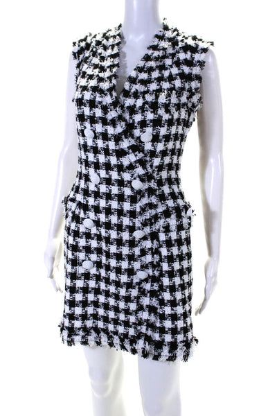 Balmain Womens Zip Up V Neck Check Tweed Double Breasted Dress Black White FR 38