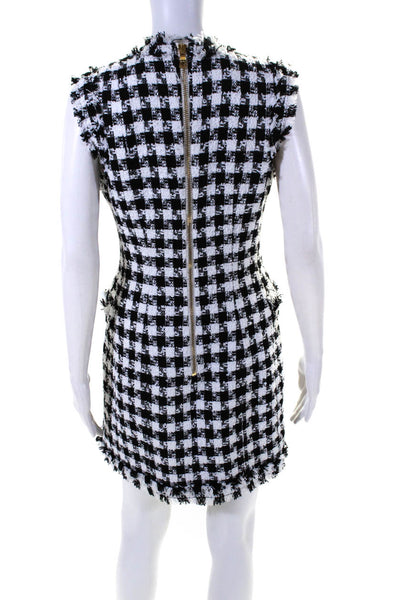Balmain Womens Zip Up V Neck Check Tweed Double Breasted Dress Black White FR 38