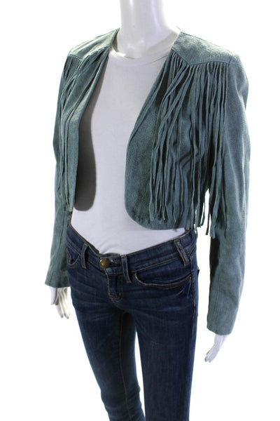 Blank NYC Womens Suede Fringe Detailed Open Front Crop Jacket Blue Size S