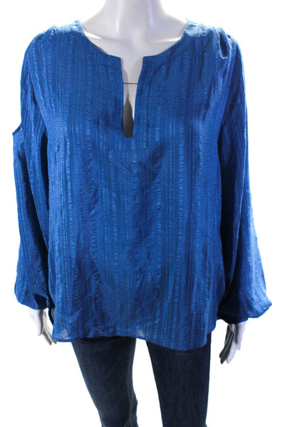 Zeus + Dione Womens Silk Crepe V-Neck Long Sleeve Blouse Top Blue Size 38