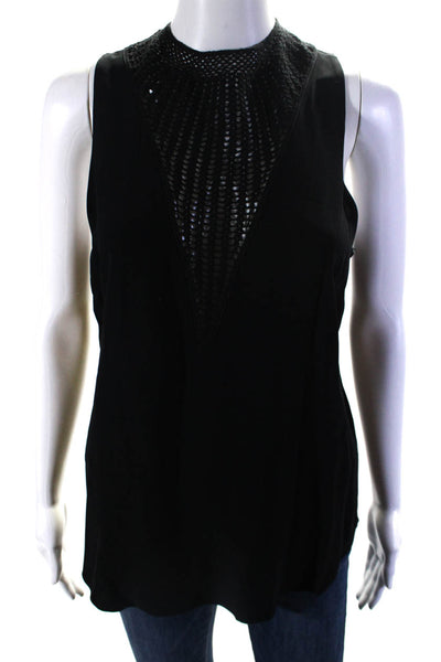 ALC Womens Crepe Crochet V-Neck Sleeveless Zip Up Blouse Top Black Size 4