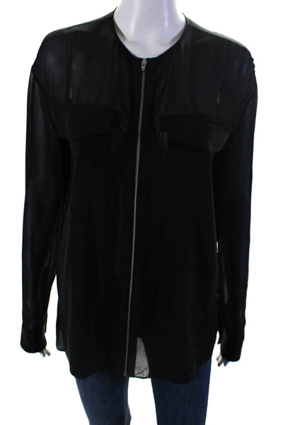 Alexander Wang Womens Silk Chiffon Long Sleeve Zip Up Blouse Top Black Size S