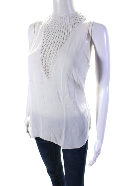 ALC Womens Crepe Crochet V-Neck Sleeveless Zip Up Blouse Top White Size 4