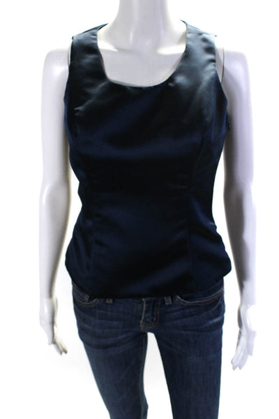 Vera Wang Womens Satin Scoop Neck Sleeveless Zip Up Blouse Top Navy Size 6