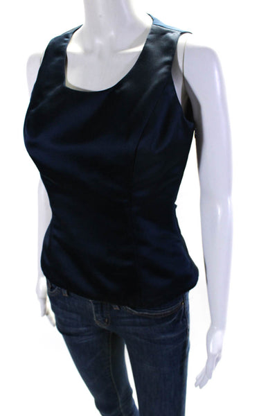 Vera Wang Womens Satin Scoop Neck Sleeveless Zip Up Blouse Top Navy Size 6