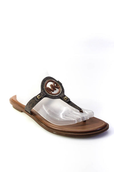Michael Michael Kors Womens Brown Aubrey Logo Leather T-Strap Sandals Size 11M