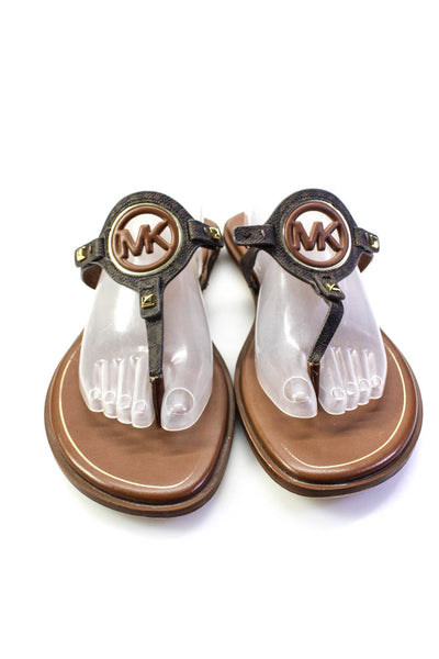 Michael Michael Kors Womens Brown Aubrey Logo Leather T-Strap Sandals Size 11M