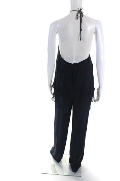 Elizabeth and James Womens Chiffon Halter Flare Jumpsuit Navy Blue Size 6