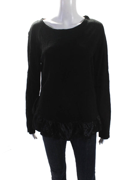 Lea & Viola Womens Round Neck Satin Ruffle Hem Sweater Black Size Large