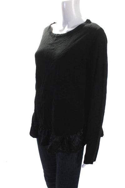 Lea & Viola Womens Round Neck Satin Ruffle Hem Sweater Black Size Large