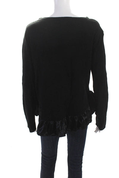 Lea & Viola Womens Round Neck Satin Ruffle Hem Sweater Black Size Large