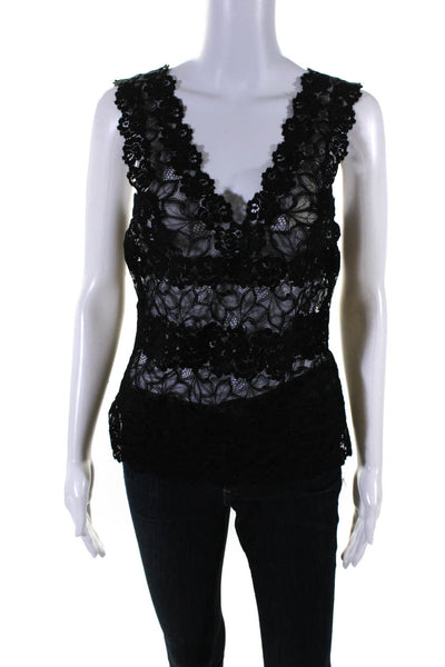 Josie Natori Women's V-Neck Sleeveless Floral Lace Blouse Black Size L