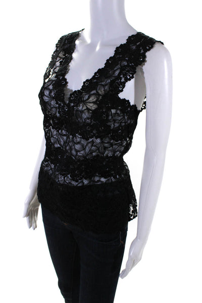 Josie Natori Women's V-Neck Sleeveless Floral Lace Blouse Black Size L