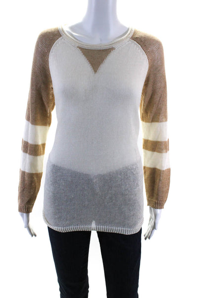 525 America Womens Linen Knitted Colorblock Long Sleeve Sweater Beige Size S