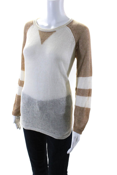 525 America Womens Linen Knitted Colorblock Long Sleeve Sweater Beige Size S