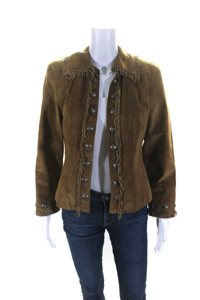 Double D Ranch Womens Button Front Fringe Trim Suede Jacket Brown Size XS