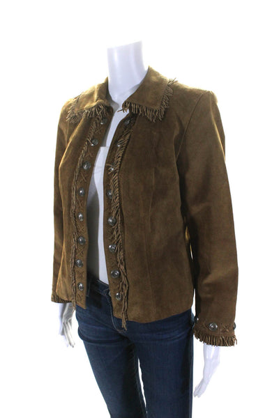 Double D Ranch Womens Button Front Fringe Trim Suede Jacket Brown Size XS