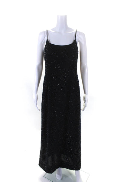 Giorgio Armani Le Collezioni Womens Embroidered Beaded Zipped Gown Navy Size 8