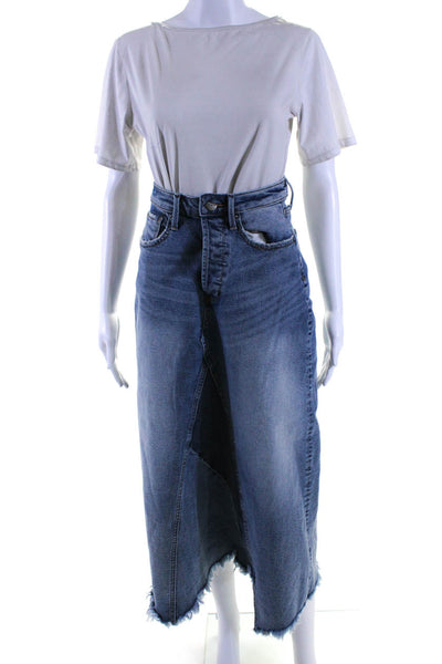 Driftwood Womens Cotton Patchwork Fringed Hem Front Slit Denim Skirt Blue Size 2