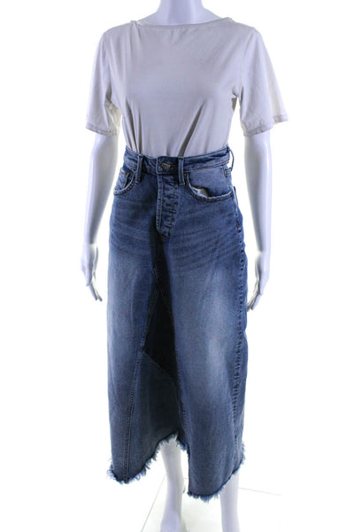 Driftwood Womens Cotton Patchwork Fringed Hem Front Slit Denim Skirt Blue Size 2