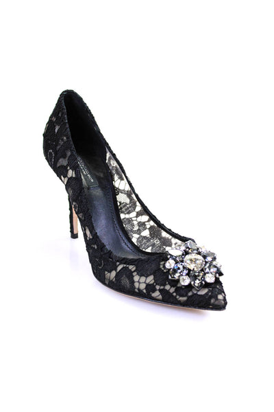 Dolce & Gabbana Womens Lace Rhinestone Slip On Point Toe Pumps Black 40.5 10.5