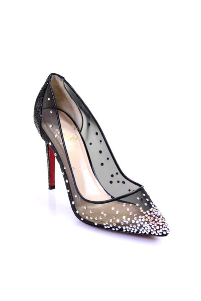 Christian Louboutin Womens Rhinestone Mesh Slip On Pumps Black Size 40.5 10.5