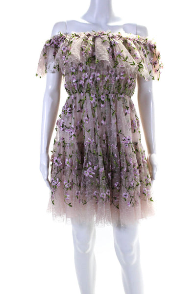 Giambattista Valli Womens Back Zip Mesh Floral Embroidered Dress Pink Size FR 42