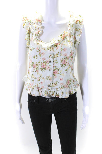 La Vie Women's Scoop Neck Sleeveless Ruffle Floral Cotton Blouse Size S