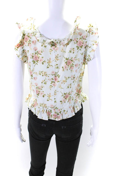 La Vie Women's Scoop Neck Sleeveless Ruffle Floral Cotton Blouse Size S