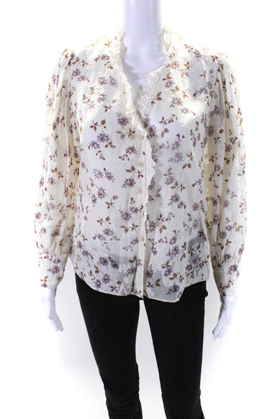 Rebecca Taylor Women's V-Neck Ruffle Sheer Floral Button Up Blouse Size 2