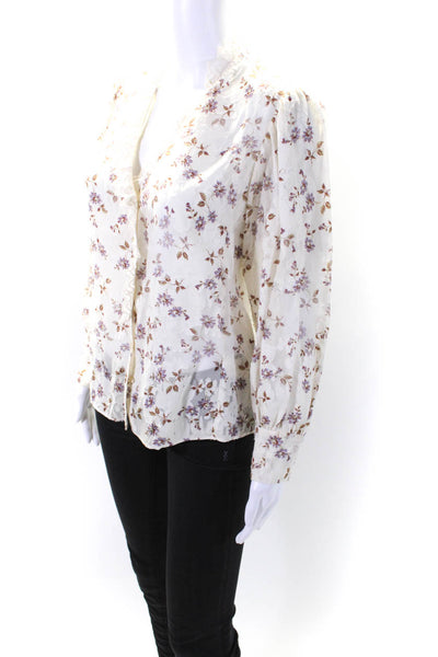 Rebecca Taylor Women's V-Neck Ruffle Sheer Floral Button Up Blouse Size 2