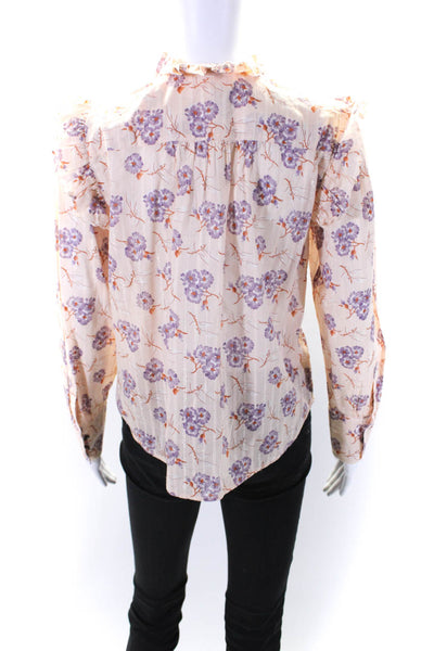 La Vie Women's Round Neck Ruffle Long Sleeves Button Up Floral Blouse Size S