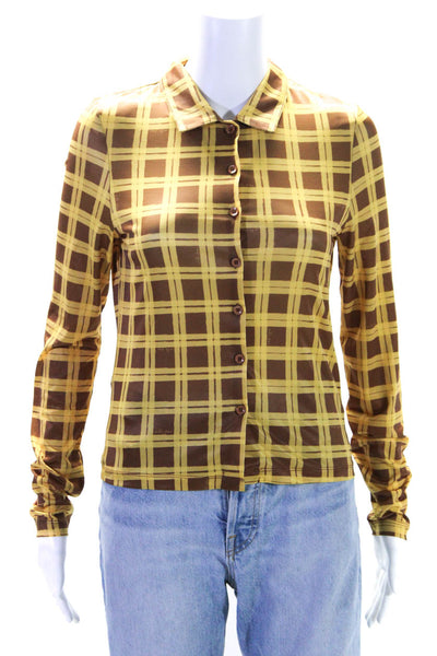 With Jean Women's Collared Long Sleeves Button Down Shirt Brown Plaid Size M