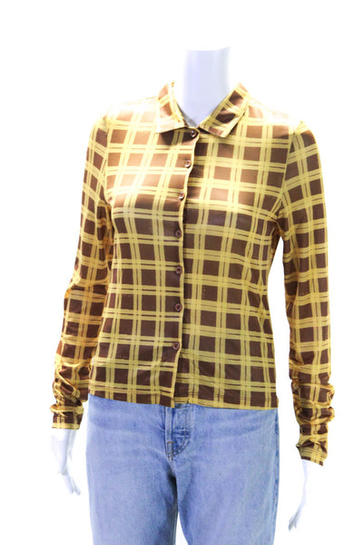With Jean Women's Collared Long Sleeves Button Down Shirt Brown Plaid Size M