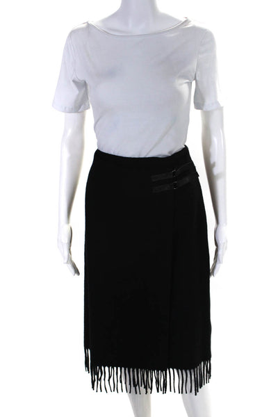 Jenne Maag Womens Wool Fringe Hem Buckle Closure A-Line Midi Skirt Black Size S