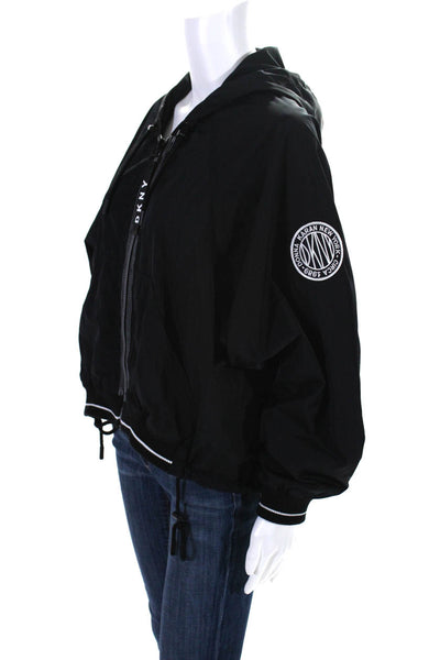 DKNY Womens Long Sleeve Full Zip Crop Hooded Windbreaker Jacket Black Size S